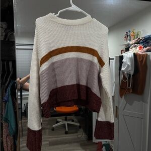 Soft Knit Striped Crewneck Sweater - Cream, Tan & Brown